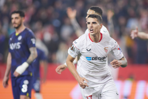 Sevilla" football players celebrating victory in Spain after missing an early goal