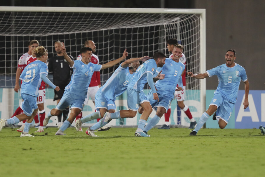 See: San Marino's joy after scoring a goal against the Danes